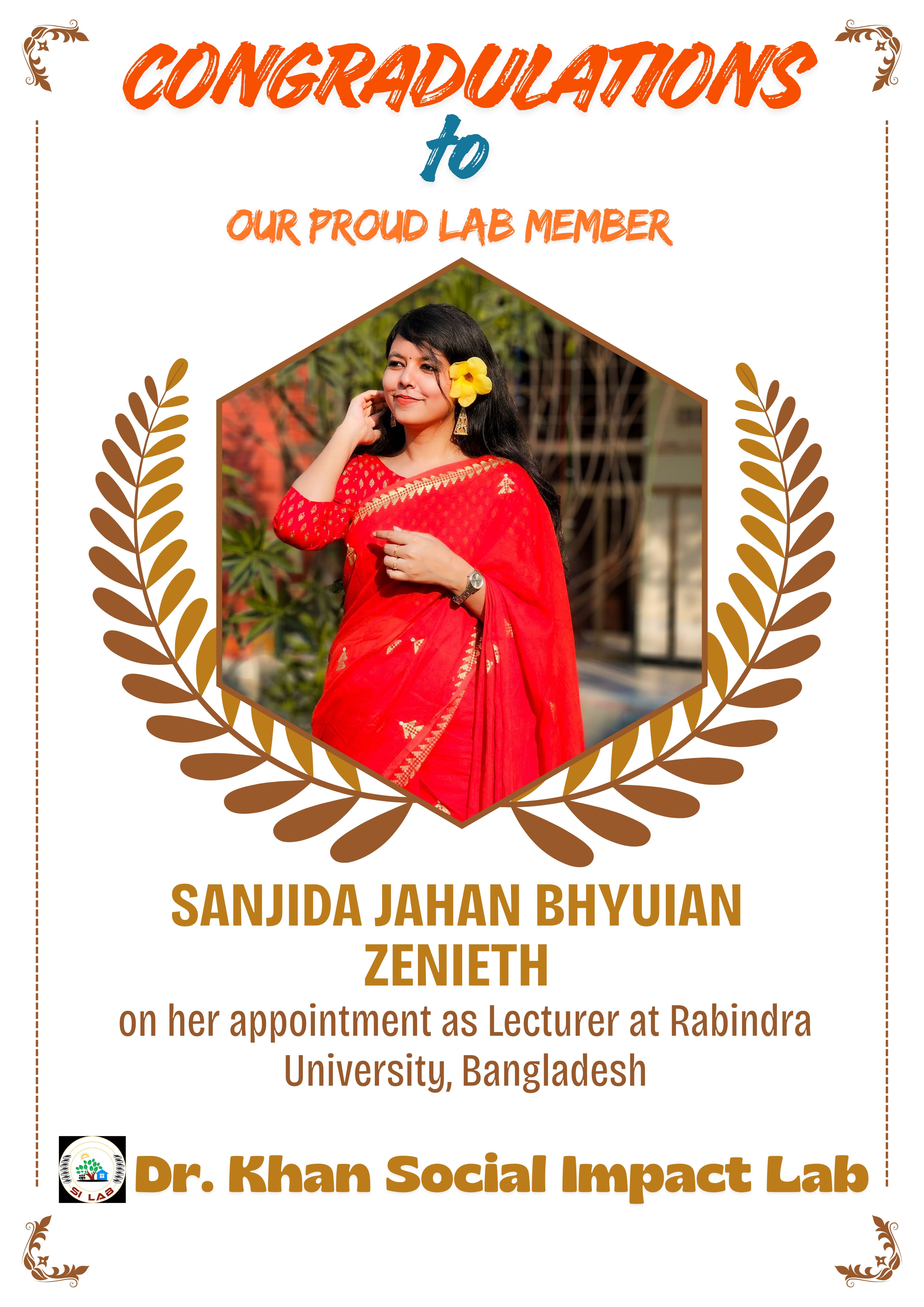 Congratulations to Sanjida Jahan Bhuiyan Zenieth on joining Rabindra University as a lecturer at Department of Sociology.