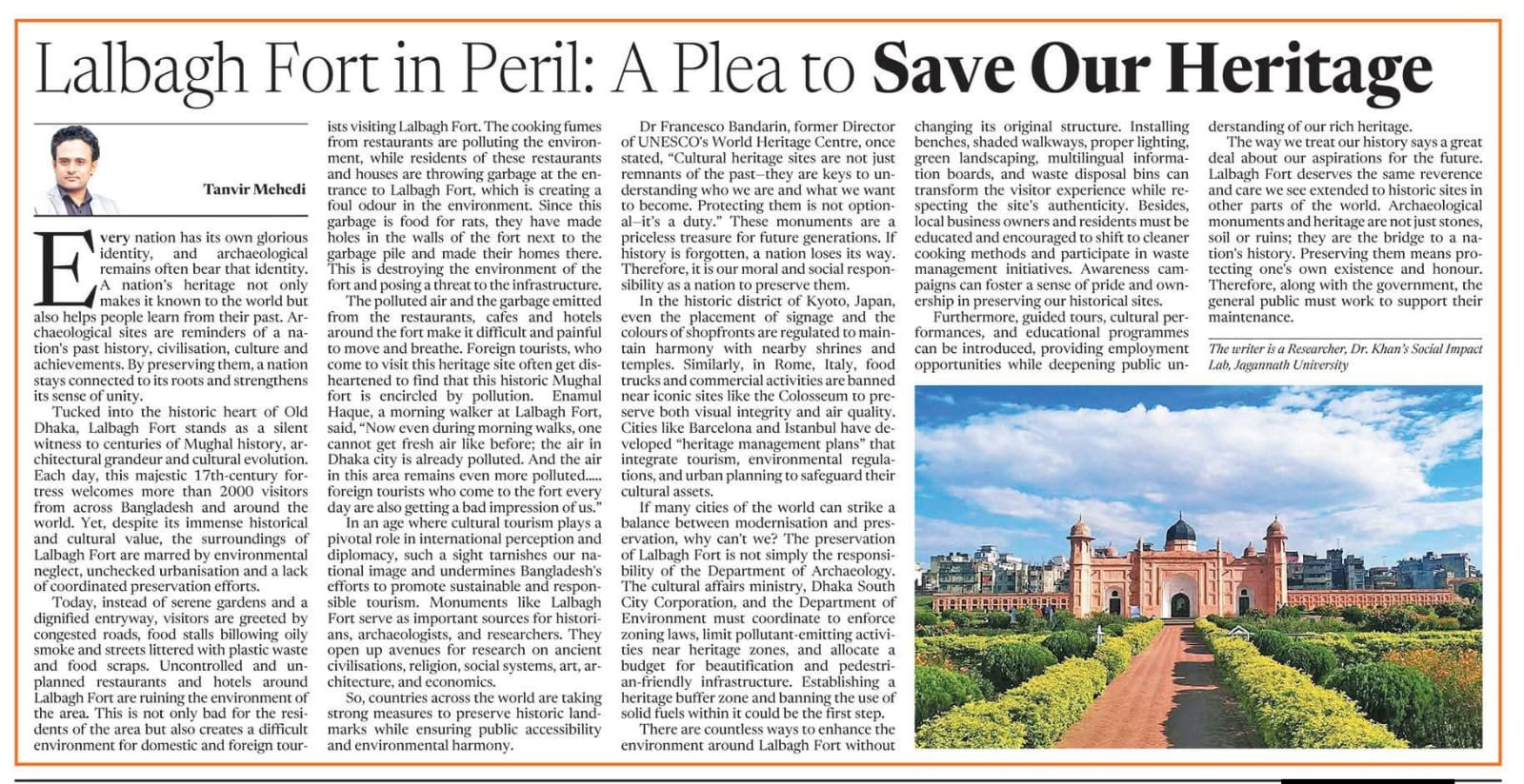 An op-ed by Tanvir Mehedi , Lalbagh Fort in Peril: A Plea to Save Our Heritage