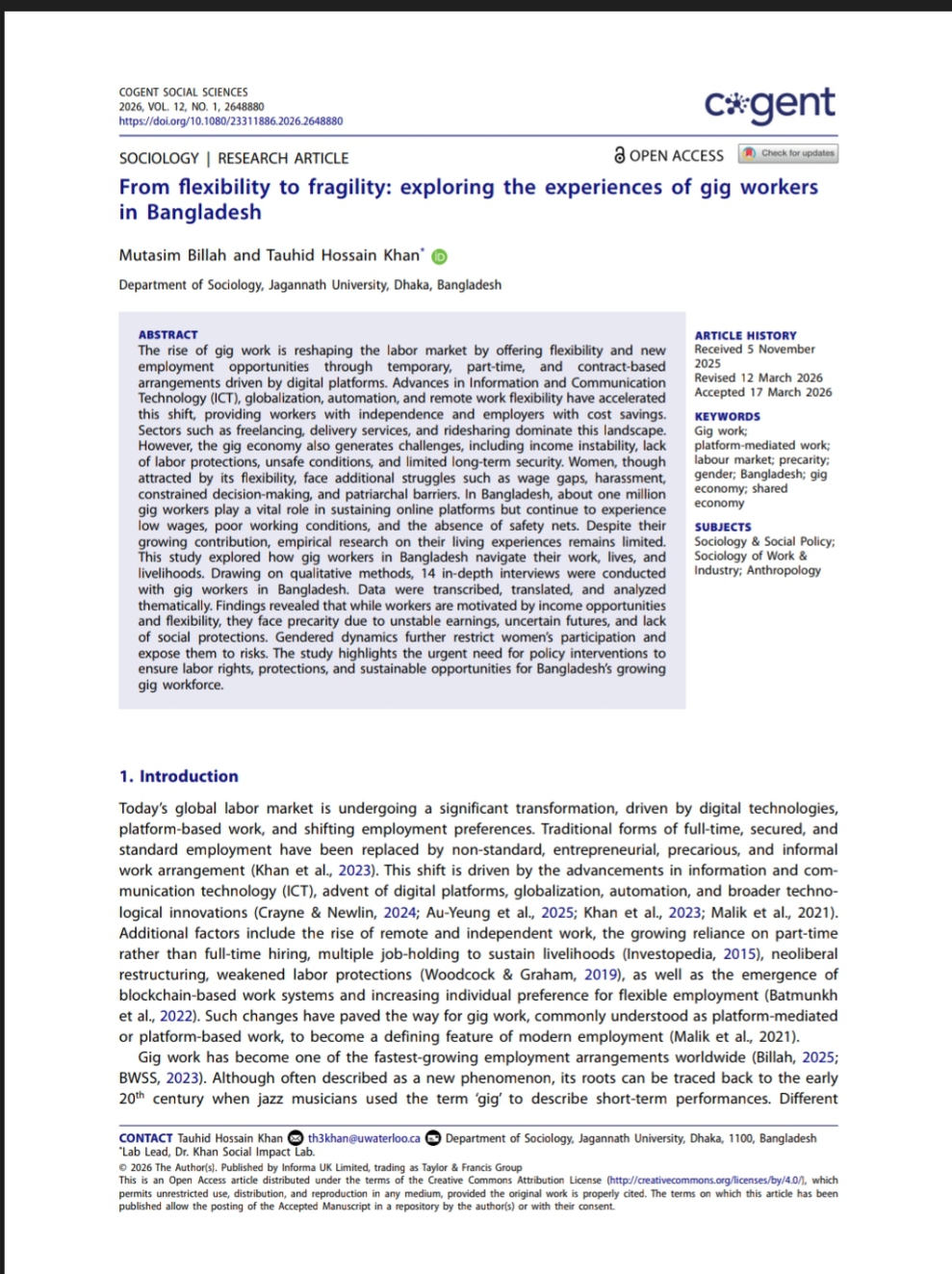 From flexibility to fragility: exploring the experiences of gig workers in Bangladesh