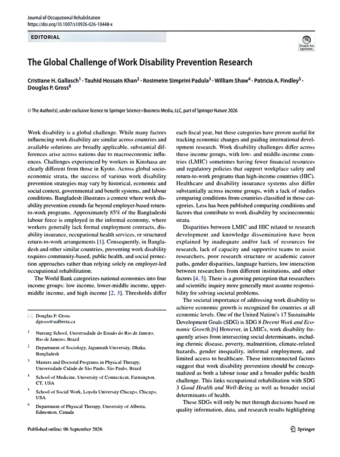 The Global Challenges of Work Disability Prevention Research